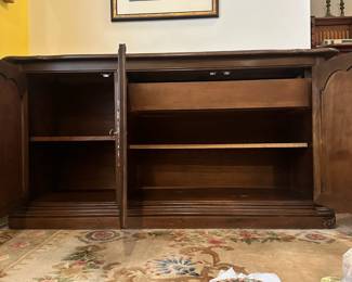 D18 - $125. Solid Wood Buffet. Measures 57.5" wide x 18.5" deep x 30" tall.