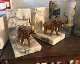 D170 - $50. PAIR of Brass Elephant Bookends with Trunks Up. Alabaster Bases.