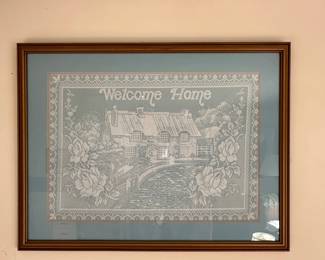 D41 - $30. Framed "Welcome Home" Lace Art.