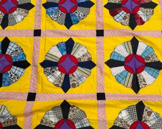 D54 - $75. Hand Pieced Quilt Top or Coverlet (no backing - unfinished) Bright colors! See Tape Measure on ground for an idea of size.