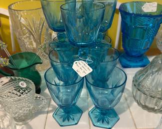 D126 - $60. Set of 12 Hazel Atlas Capri Colonial Aqua Blue Glasses.
