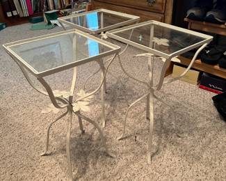 D147 - $60. Set of 3 Small Glass Top Patio Tables.