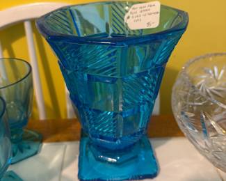 D125 - $35. Art Deco Aqua Blue Leaded Glass Vase with Geometric Cuts.