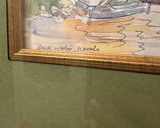 D148 - $40. Back Water, Kerala. Framed painting measures Measures 17" x 14.5".