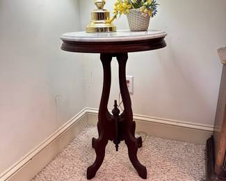 D28 - $95. Antique Marble Top Table. Measures 20" x16" x 29" tall. Marble appears to be in very good condition!
