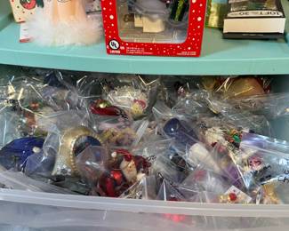 6 bins of ornaments Santa, snowmen( reindeer, etc