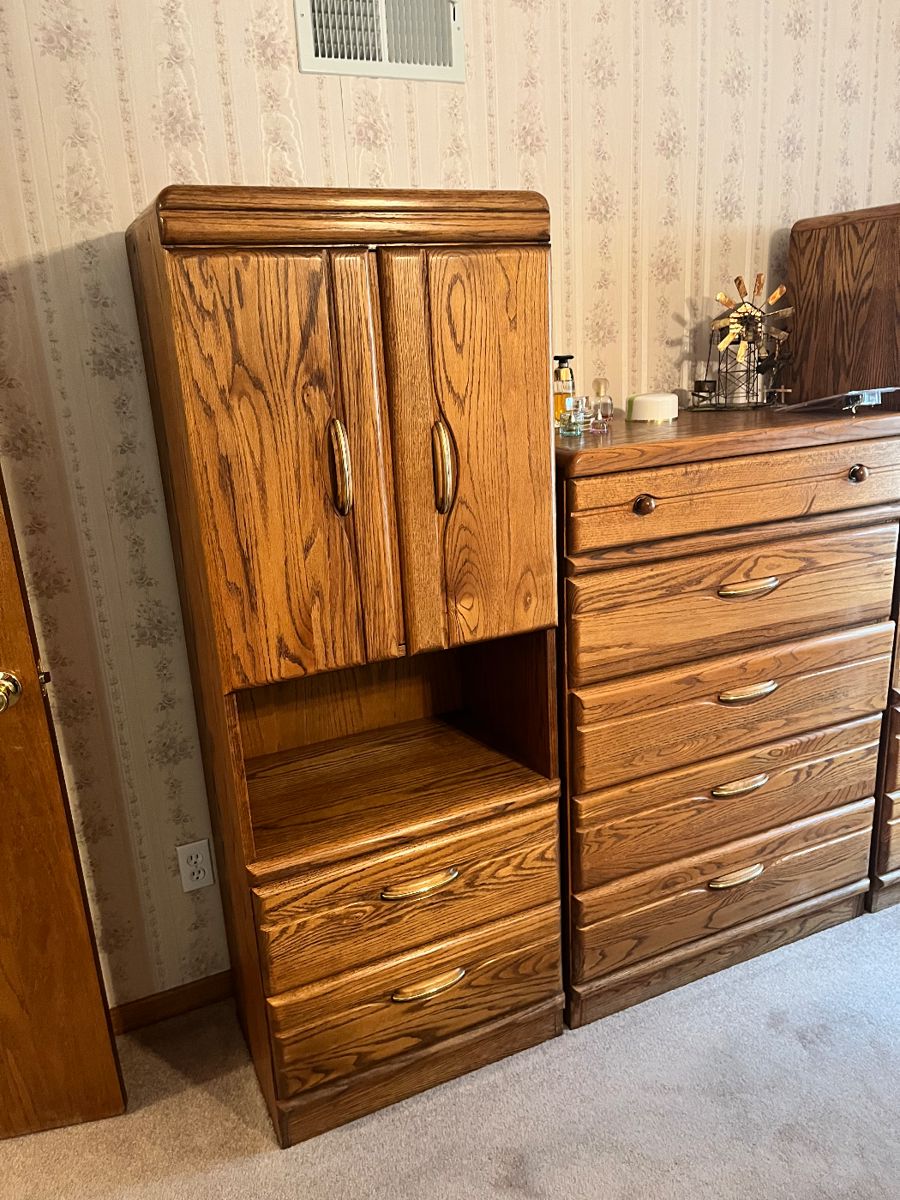 Wood bedroom set, two armoire one dresser each sold separately