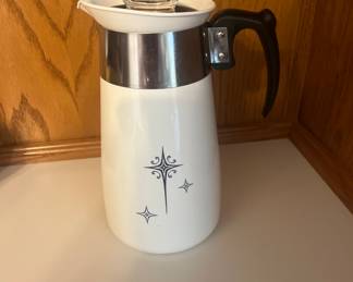 Rare vintage Corningware 6-cup percolator with the "Atomic Starburst” pattern