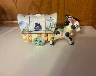 MCM Donkey & Cart Ceramic Salt Pepper & Sugar Container Set 1950's 5 pc Japan