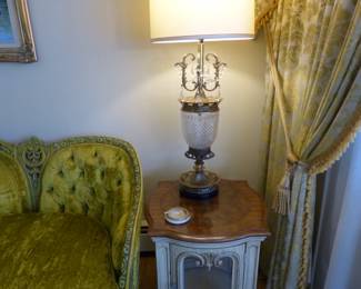 Pair of curio end tables, pair of crystal lamps