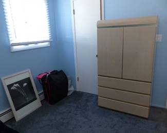 Bedroom set with bed, armoire, dresser & mirror
