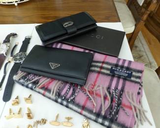 Burberry scarf, Gucci & Prada wallets