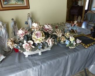 Bric-a-brac, Lladros, Capodimonte flowers, silver trim stemware