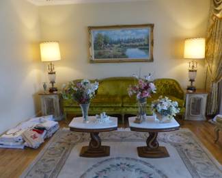 Velvet sofa, pair of small accent tables, pair of curio end tables