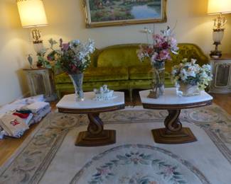 Velvet sofa, pair of small accent tables, pair of curio end tables