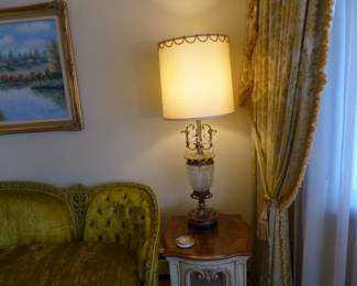 Pair of curio end tables, pair of crystal lamps