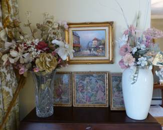 Drop front desk, silk flowers, framed pictures