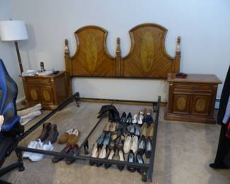 Wood/painted trim bedroom set with headboard, pair of night tables, armoire, dresser with mirror, Women's & men's shoes