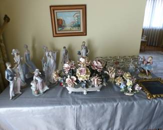Bric-a-brac, Lladros, Capodimonte flowers, silver trim stemware