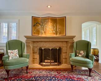 Vintage Asian folding screen . Henredon chairs.