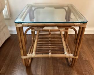 Vintage rattan glass top end table