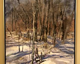 Framed winter scene painting signed by JB Latchford