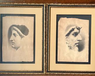 Framed vintage charcoal renderings of Roman Gods embossed by C. Volponi