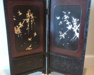 Japanese black lacquer folding screen with mother of pearl inlay
