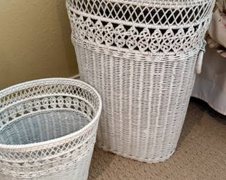 White wicker clothes hamper and waste basket