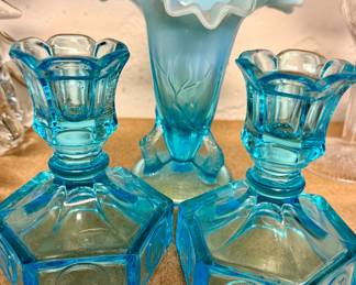 Fenton Blue Opalescent ruffled glass vase and Fostoria Blue Coin Dot candle holders