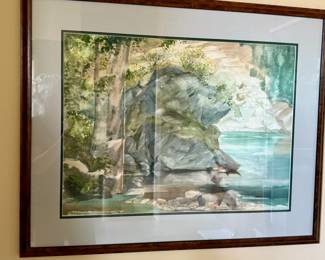 Framed watercolor signed by Harriett Rex Smith '80