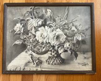 Framed vintage still life drawing by Antonietta Cappelli