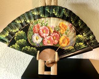 Hand painted wooden fan signed Yoshiko Sasaki
