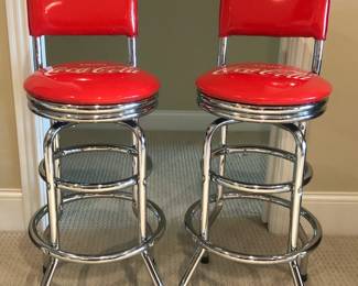 Coca-Cola seatback vinyl and chrome bar stools