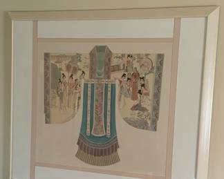 Japanese Tea House Scene on Kimono Signed Painting