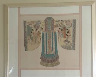 Japanese Tea House Scene on Kimono Signed Painting