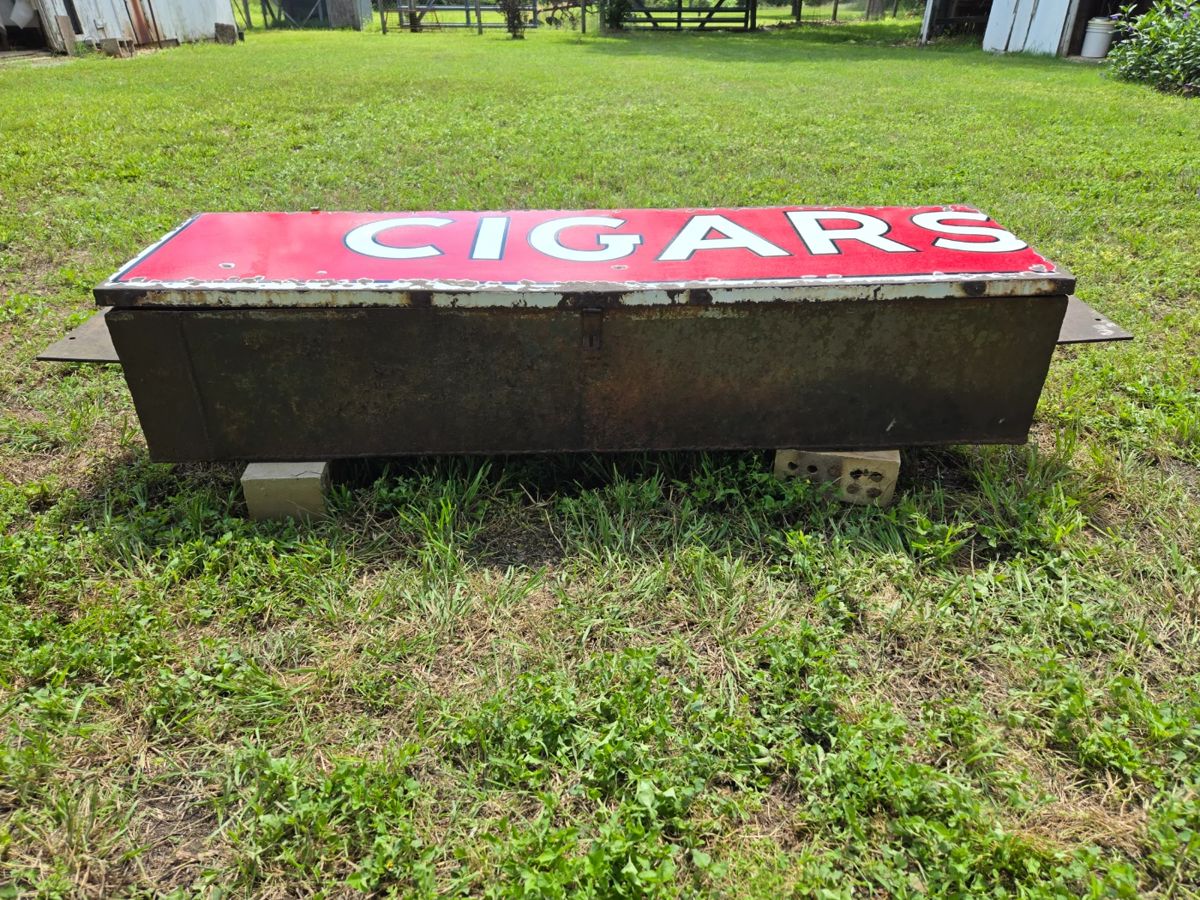 Pic 1 of 2: Unique truck tool box! Made from vintage King Edwards Cigars sign. Approx 57 in. long plus 5 1/2 in × 12 in steel mounting plates on each side; 15 in from front to back; 11-12 in. high. $600 Or Best Offer