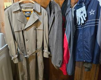 London Fog Trench Coat, 42 Reg-good condition;
Adolf jacket, 42R- never worn;
Gerry 2 in 1, red/gray jacket;
Dallas Cowboys windbreaker & gloves; men's Skechers, 9.5 extra wide; Fila strap shoes, 9 1/2;