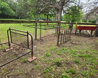 Vintage truck bed items: one headache rack with rails; one pipe rack; Red 'Cool Shade' headache rack; and red tool box for small truck. Sizes in sale description.