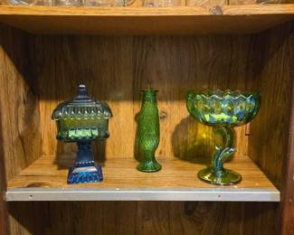 1 Vintage Kerr mason jar self sealing 503 #58 - approx 5 1/4" H; 2 Golden Harvest drinking jars 16oz; 3 Ball mason jars, wide mouth; 3 Ball vintage clear squatty mason jars 250ML; blue and green candy dish with lid; green glass vase; green glass candy dish, flower with stem; 5 -16oz mason drinking jars with handles; Le Parfait super jar & lid