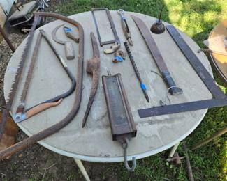 Vintage rustic tools including Cotton scale, large metal 24" × 15" Square/ruler; large vintage Machete.