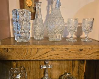 Vintage heavy crystal/glass Vase from Czech Republic; vintage Decanter with 2 matching glasses; matching Vase; vintage Holiday Inn Ashtray; vintage square glass Ashtray; vintage crystal/glass Cross; vintage anchor hocking Sugar Bowl/trinket dish with lid; vintage glass Butter Dish