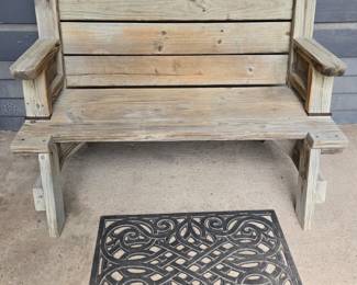Handcrafted bench/table. Bench turns into bench and table. Have a few wood parts and pattern if any wood crafters would like to build another.