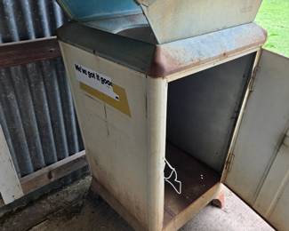 Still available. Make offer. Better view of vintage 'Lawson' industrial garbage can. Can barely see 'SONIC' name on outside of door. It is rare and in demand according to an antique dealer.