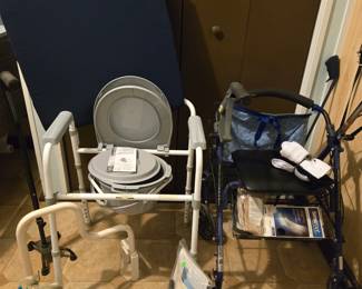 Bedside commode NEW; never used;. 'DRIVE' rollator walker; other medical aids.