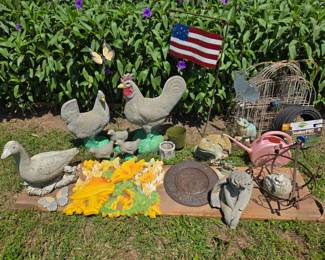 Vintage garden concrete rooster, chicken, chicks, duck and other concrete items; Vintage (60s-70s) 'HOMCO' large Mushroom/butterfly/frog wall decor; metal hanging basket 10" diameter x 14.5" H; vintage pink watering can.
