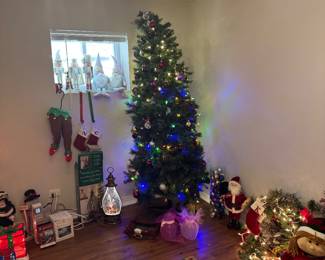  two Christmas trees, vintage Christmas items and nutcrackers