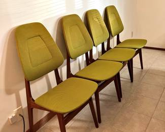 Set of 4 Mid Century Green Upholstered Teak Dining Chairs