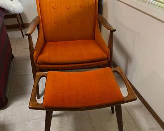 Mid Century Orange Upholstered Teak Arm Chair with Ottoman