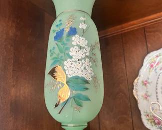Floral Hand Painted Opaque Green Glass Vase